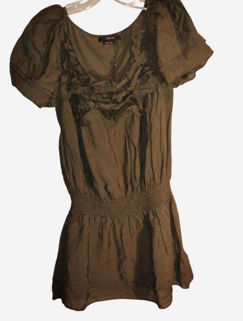 Vertigo Olive Green Ruffle Mini Dress Smocked Waist Size Small Puffy Sleeve